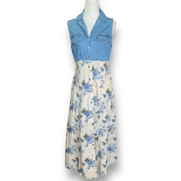 Vintage Dresses & Skirts - Vintage California Concepts Dress Denim Button Up Blue Floral Sleeveless Maxi